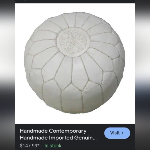 Morrocan Bohemian Coastal Grey Leather Pouf with Classic Taupe Cream Stitching - Picture 2 of 4